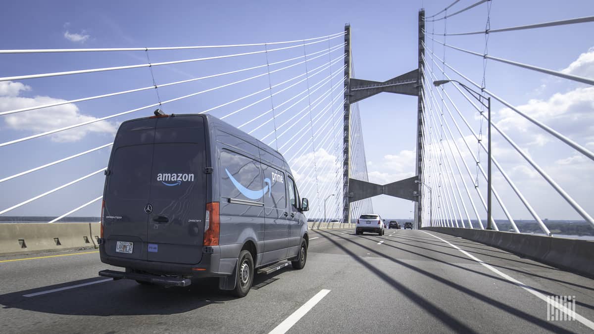 amazon delivery truck on bridge