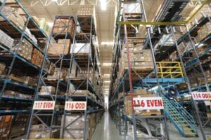 Rows of shelving inside a fulfillment center