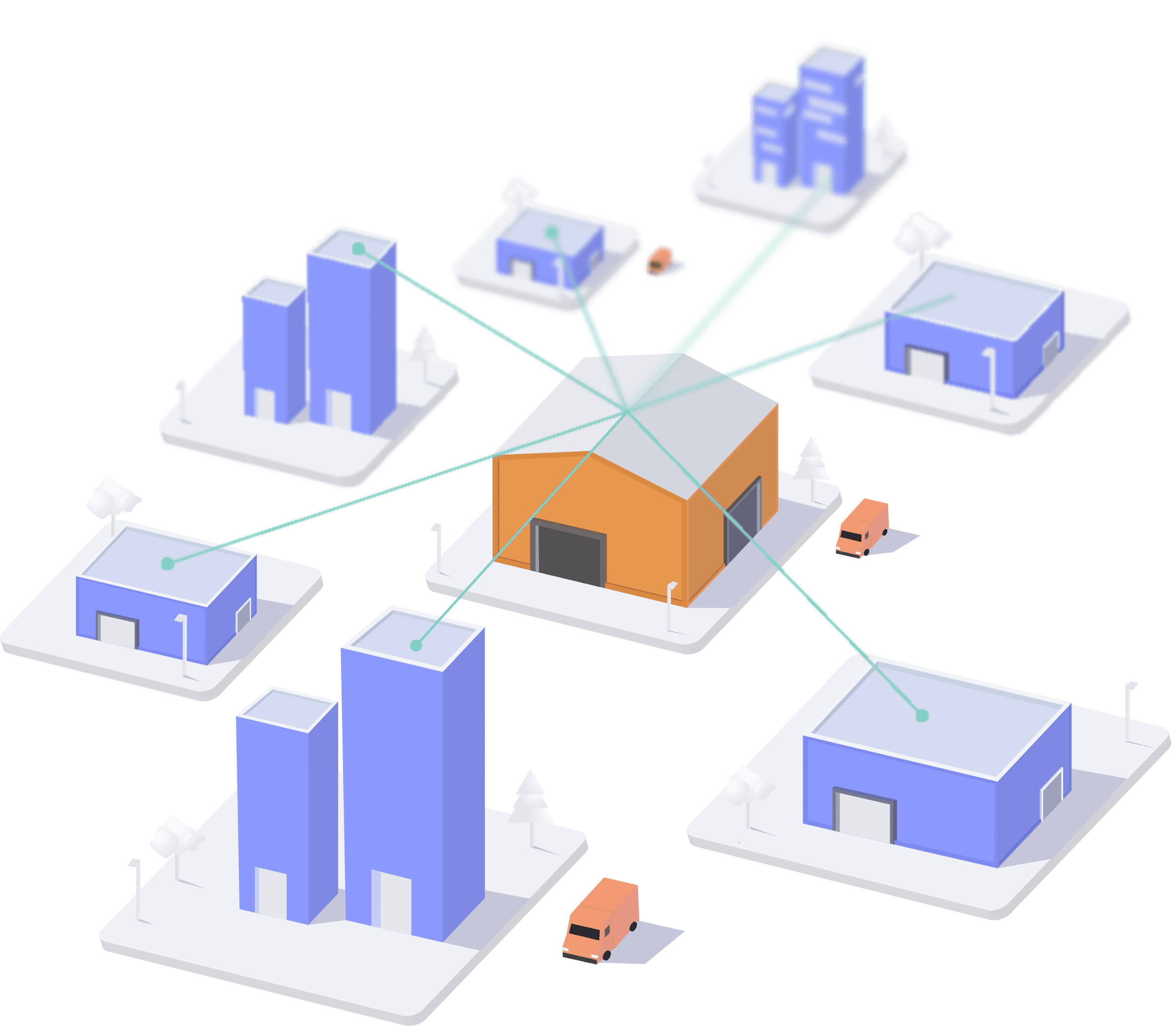 3d model of warehouses and trucks