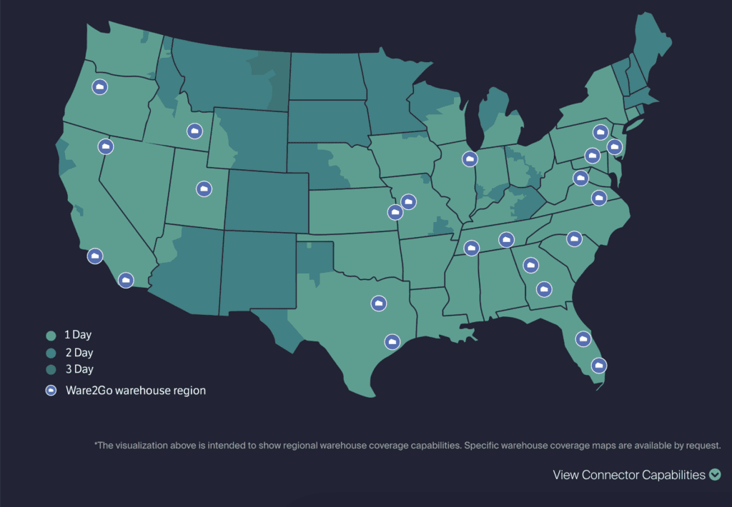 a specific warehouse covergae map showing regional warehouse coverage capabilities